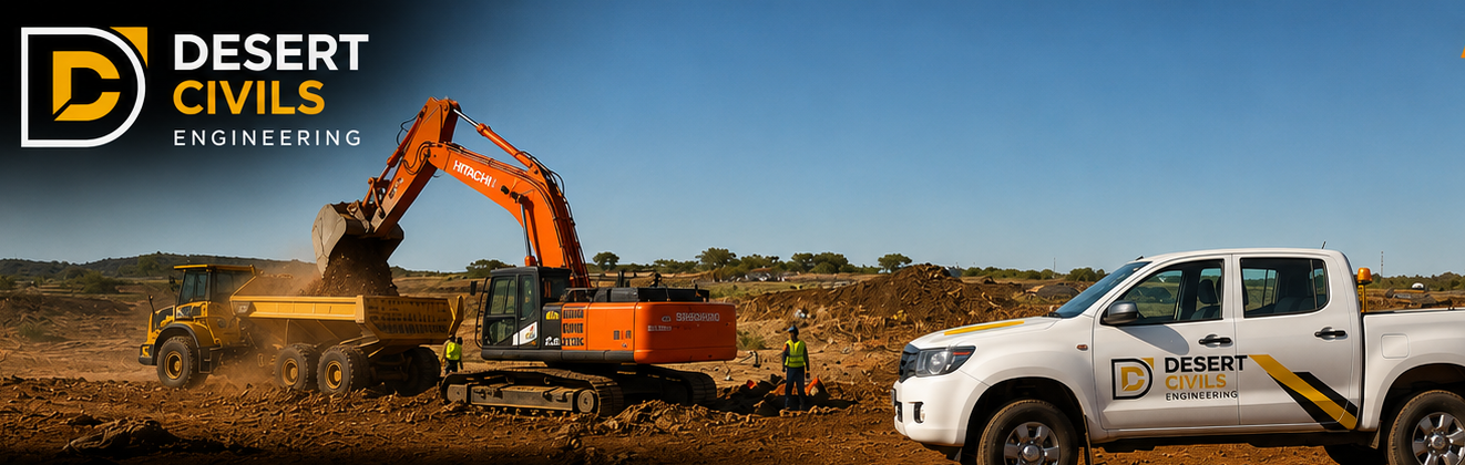 Excavator and support fleet on an earthworks site for Desert Civils.