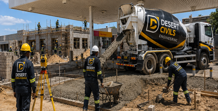 Desert Civils branded construction site with concrete works in progress.