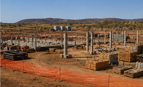 Drone-style overview of active concrete and civil works on a large Namibian site.
