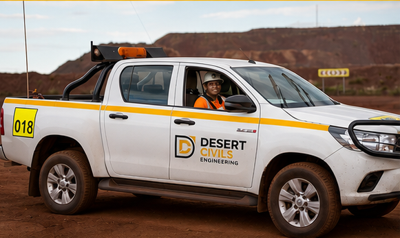 Desert Civils project vehicle on a mining or construction site in Namibia.